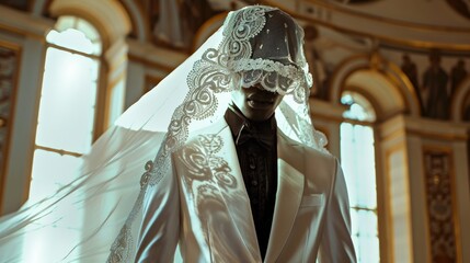 A black trans male bride in a white suit and lace veil stands contemplatively in a richly detailed church, sunlight filtering through stained glass. Gay marriage. LGBTQ community