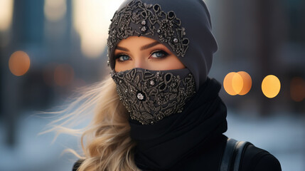 photo of a girl in a stylish balaclava, decorated with crystals, rhinestones, sparkles, against the backdrop of the city, morning light, woman, fashion, winter, walk, sky, mask, eyes