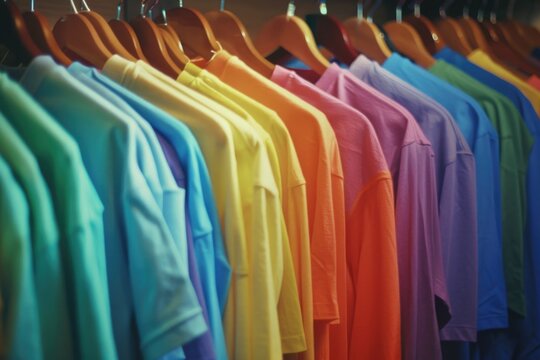 Row of colorful shirts on display, suitable for retail or fashion concepts