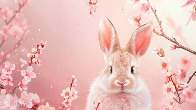 A cute rabbit sitting in front of a bunch of colorful flowers. Perfect for springtime designs