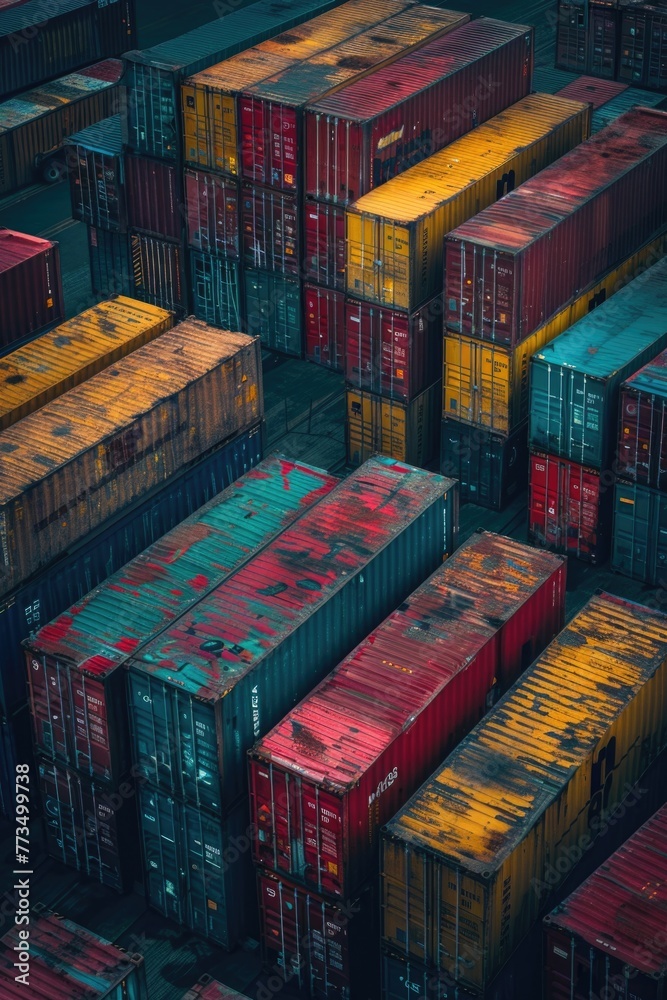 Poster a large group of colorful shipping containers stacked together. suitable for industrial and transpor
