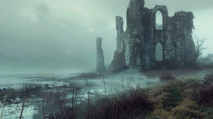A castle standing in the middle of a foggy field. Suitable for various design projects - Powered by Adobe