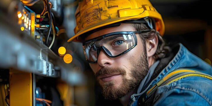 Experienced Male Electrician In Safety Gear Expertly Working On A Fuse Box During Commercial Electrical Installation. Concept Commercial Electrical Installation, Fuse Box Maintenance