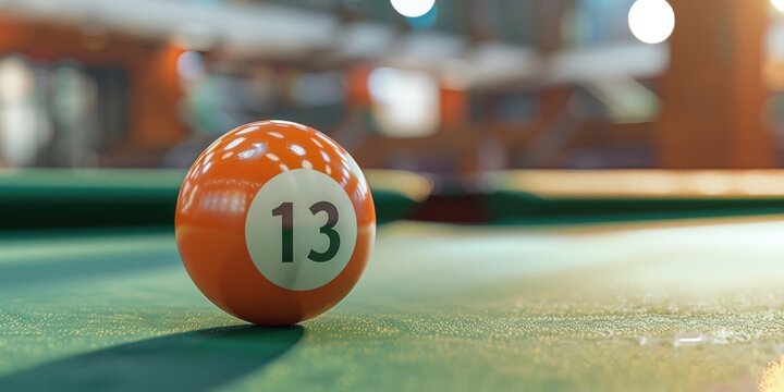 A single orange pool ball on a pool table. Suitable for sports and leisure concepts