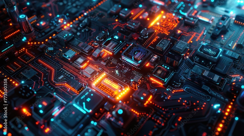 Poster close up of a circuit board with neon lights, perfect for technology backgrounds