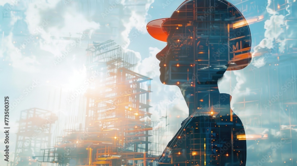 Poster a man in a hard hat standing in front of a construction site. ideal for construction industry concep