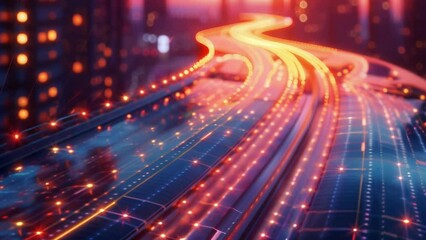 The futuristic and ethereal glow of a solarized road winds through a city delivering a powerful message about the importance of environmental . AI generation.