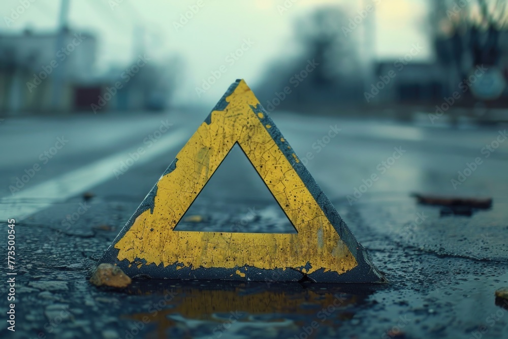 Poster a yellow triangle sitting on the side of a road. suitable for traffic safety concepts