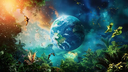Obraz na płótnie Canvas Tropical Jungle with Earth in Starry Cosmos