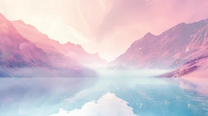Poster An ethereal landscape with pastel colors reflecting on a tranquil mountain lake © Michael