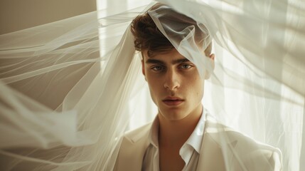 Bride veil man. Gay love, same sex couple, men fashion, romantic editorial, love is love, LGBT. Man wearing a veil. Gay marriage