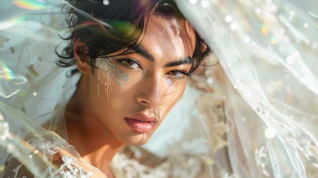 A young male face is softly framed by an exquisitely embroidered veil, his eyes conveying a story of youthful hope and romance. Gay marriage. LGBTQ community. Man wearing a veil