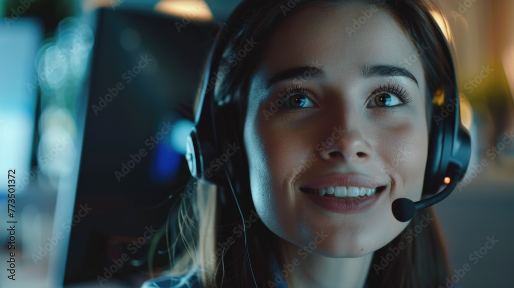 Poster a woman wearing a headset in front of a computer. suitable for technology concept