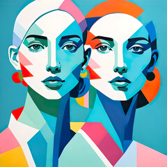 A geometric schematic pure-colored portrait of two stylish serious women