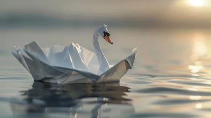 Foto op Aluminium A serene image of a white swan gracefully floating on calm water. Ideal for nature and wildlife concepts © Fotograf