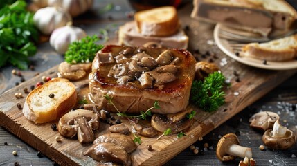 Fresh mushrooms and bread on a rustic wooden cutting board. Ideal for food blogs or recipe websites - obrazy, fototapety, plakaty