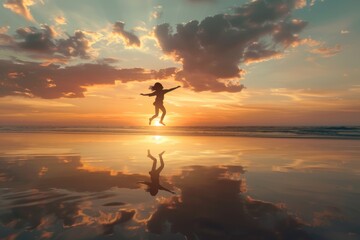 A person jumping in the air on a sandy beach, suitable for travel and summer themes - obrazy, fototapety, plakaty