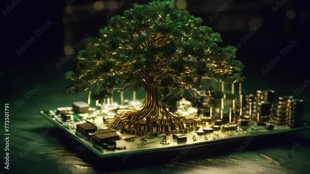 Poster green natural eco-friendly tree and computer technology on an abstract high-tech futuristic backgrou
