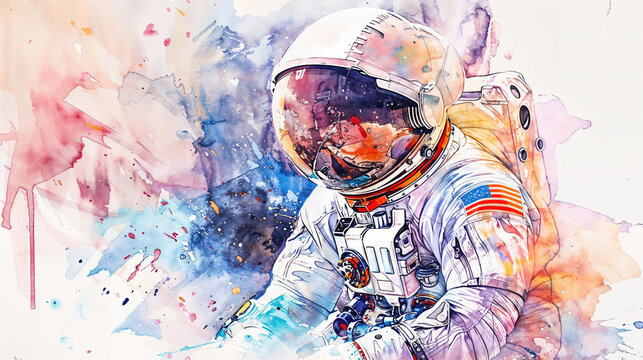 Creative Watercolour Illustration of An Astronaut with Beautiful Colours.