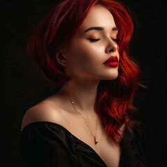 bright beautiful woman with closed eyes and red lips on a dark background