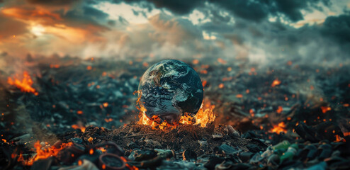 A dramatic image of a burning earth in the middle of a field. Suitable for environmental concepts - obrazy, fototapety, plakaty