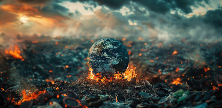 A dramatic image of a burning earth in the middle of a field. Suitable for environmental concepts