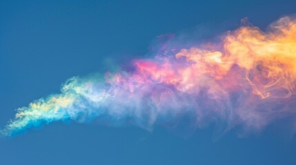 As the smoke dissipates it leaves behind a vibrant rainbow trail of colors against the sky. - obrazy, fototapety, plakaty