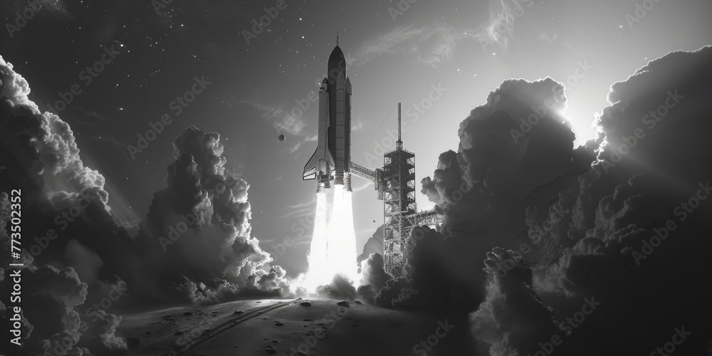 Aufkleber a dramatic black and white photo of a space shuttle taking off. perfect for illustrating space explo