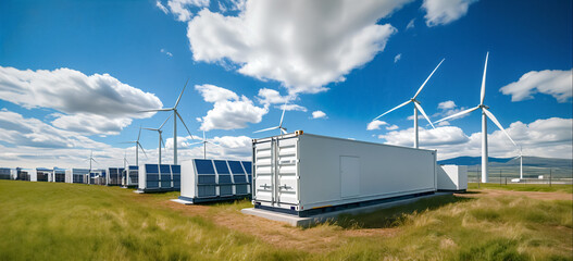 Advanced battery energy storage system with wind turbines and solar panels. green energy concept - obrazy, fototapety, plakaty