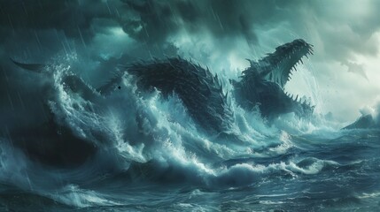 large sea monster leviathan in the middle of a storm - obrazy, fototapety, plakaty