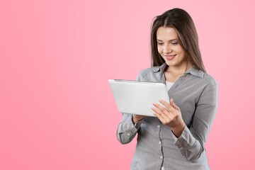 Photo of cheerful corporate woman posing on background