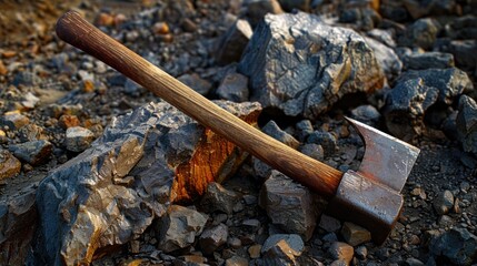 An old axe sitting on top of a pile of rocks. Great for outdoor and rustic themes - Powered by Adobe