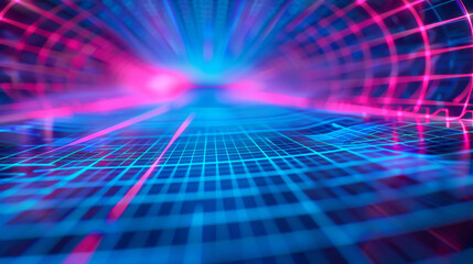Futuristic neon grid tunnel with blue and pink lights