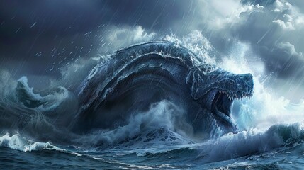 large sea monster leviathan in the middle of a storm at sea - obrazy, fototapety, plakaty