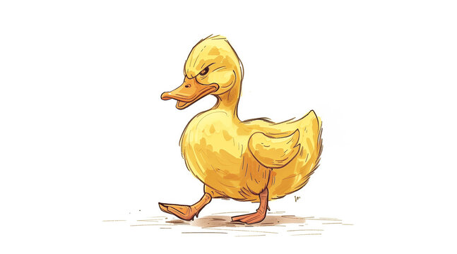 an angry duck, walking away, side view, clean contour drawing, all yellow, funny, with white background