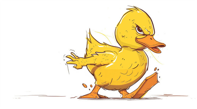an angry duck, walking away, side view, clean contour drawing, all yellow, funny, with white background