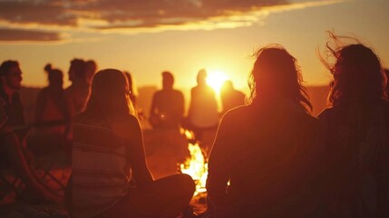 Against the backdrop of a vibrant sunset a group of people gathers around a bonfire backs turned towards the camera. Laughter . . - obrazy, fototapety, plakaty