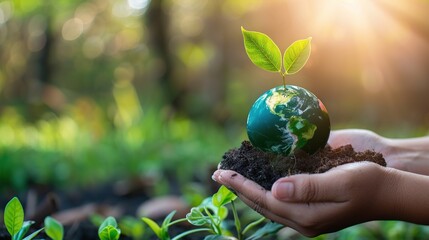 Hands Nurturing Globe with Sprouting Plant