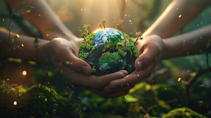 Hands Cradling Earth Amidst Magical Forest - obrazy, fototapety, plakaty