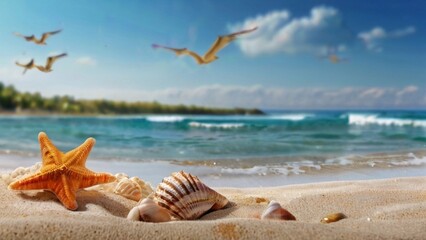 Fototapeta na wymiar Summer concept with sandy beach, shells and starfish lapping by calm ocean waves. Seashells are lying on the wavy sand of the seabed. Sea waves the beach.
