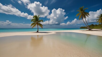 Palm trees and sea, sunny summer day in the Atlantic ocean. Punta Cana Dominican republic Caribbean Sea and sky and beach landscape. Big white waves lie on a wild white sand beach. - obrazy, fototapety, plakaty
