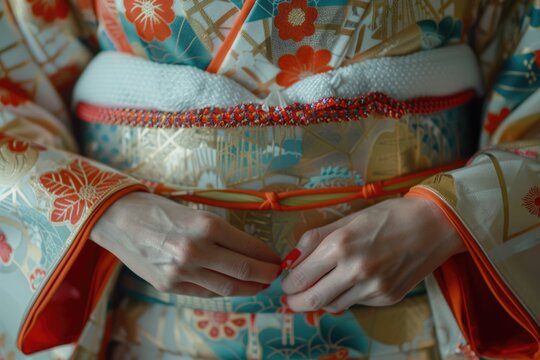 Close-up image of a person wearing a kimono, suitable for cultural and fashion concepts
