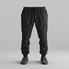 Blank black man pants mockup, front view, 3d rendering. Empty textile basic track-pants or trousers mock up, isolated. Clear male denim slacks with pocket template. Generative AI