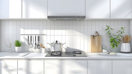 Interior of modern kitchen with utensils, sink and electric stove on white counters