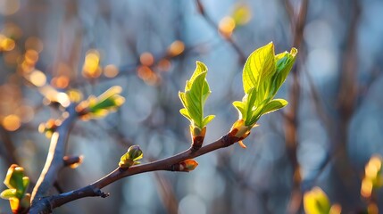 Young first fresh green leaves on the branches of a birch in the spring on the nature close up in the sun.
