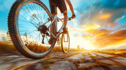 Blur photo sports man ride bicycles with speed motion on the road in the evening with sunset sky. Summer outdoor exercise for healthy and happy life. Cyclist riding mountain bike on bike lane. Team.