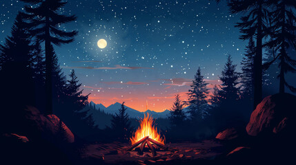 A tranquil camping setting at dusk with a warm fire, under a moonlit sky amidst a dense pine forest.