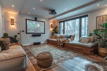 Cozy minimalist basement interior with a modern home theater setup and comfortable seating