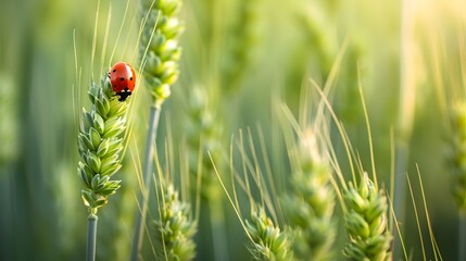 Young juicy fresh green wheat ears spikes and a ladybug on nature close-up macro. Beautiful texture of young wheat spikelets. - obrazy, fototapety, plakaty