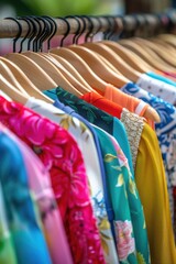 Colorful shirts hanging on a clothes rack, suitable for fashion or retail concepts